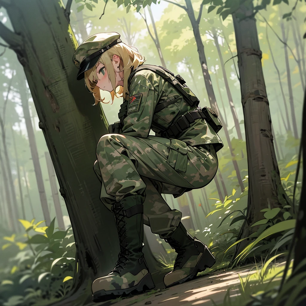 Wear a camouflage cap, Camouflage military uniform, Camouflage military pants, short blonde hair, in the forest, female, Massy hair, Full body, put on boots,