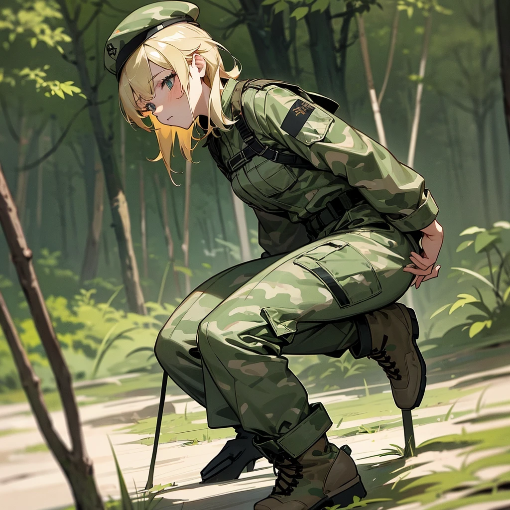 Wear a camouflage cap, Camouflage military uniform, Camouflage military pants, short blonde hair, in the forest, female, Massy hair, Full body, put on boots,
