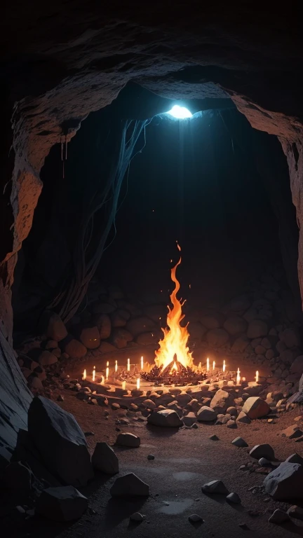 A dark cave where a lot of human skulls were scattered and a shinghasn formed by human skulls and a hawan kund was there, full scary and dark background, no people, create only background