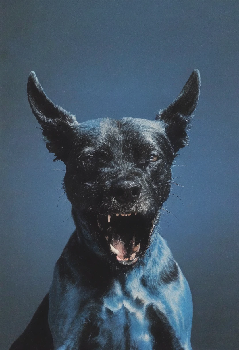 angry surreal dog, blue background