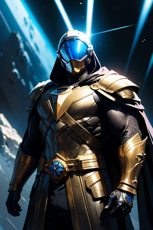 highres:1.2), ultra-detailed, realistic, superhero man, godly metal black armor with bits of blue, black cape, black gloves, black stripes on both sides of arms with blue, no logo on armor, wears a fully black astronaut helmet with golden visor, superhero base, cinematic lighting, dramatic shadows, volumetric lighting, epic fantasy, hyper detailed, majestic, awe-inspiring, heroic, powerful pose