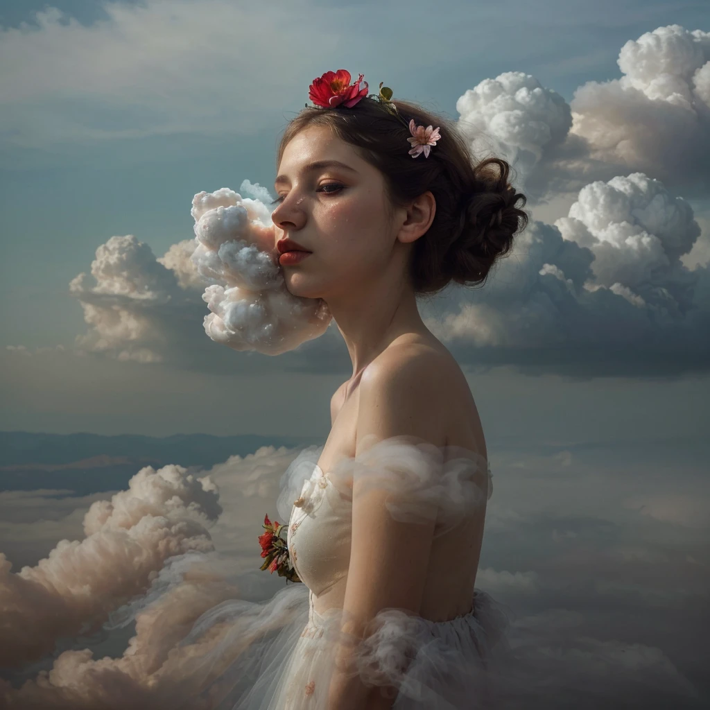 there is a woman with a flower in her hair and a cloud in her face, monia merlo, in clouds of smoke, inspired by Elsa Bleda, by irakli nadar, beautiful surreal portrait, inspired by Oleg Oprisco, girl clouds, floating in smoke, cloud goddess, inspired by irakli nadar, surreal portrait photography, atmospheric portrait