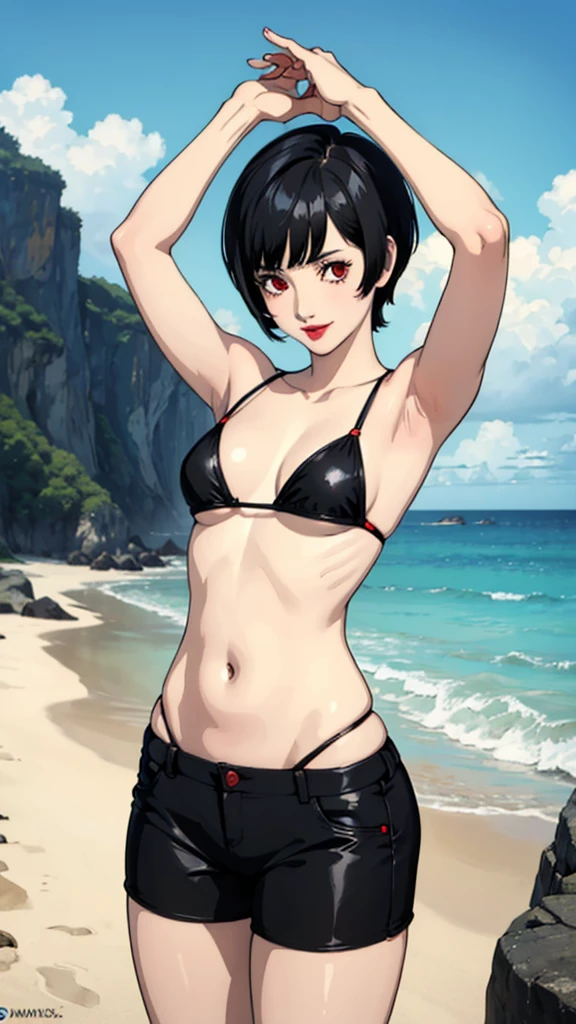  1 girl, Red eyes, very Short hair, lipstick, smile, black hair, female , tomboy Pixie haircut, thicc legs, bikini, belly, small breast, lipstick cowboy shot, arms up, armpits, beach background