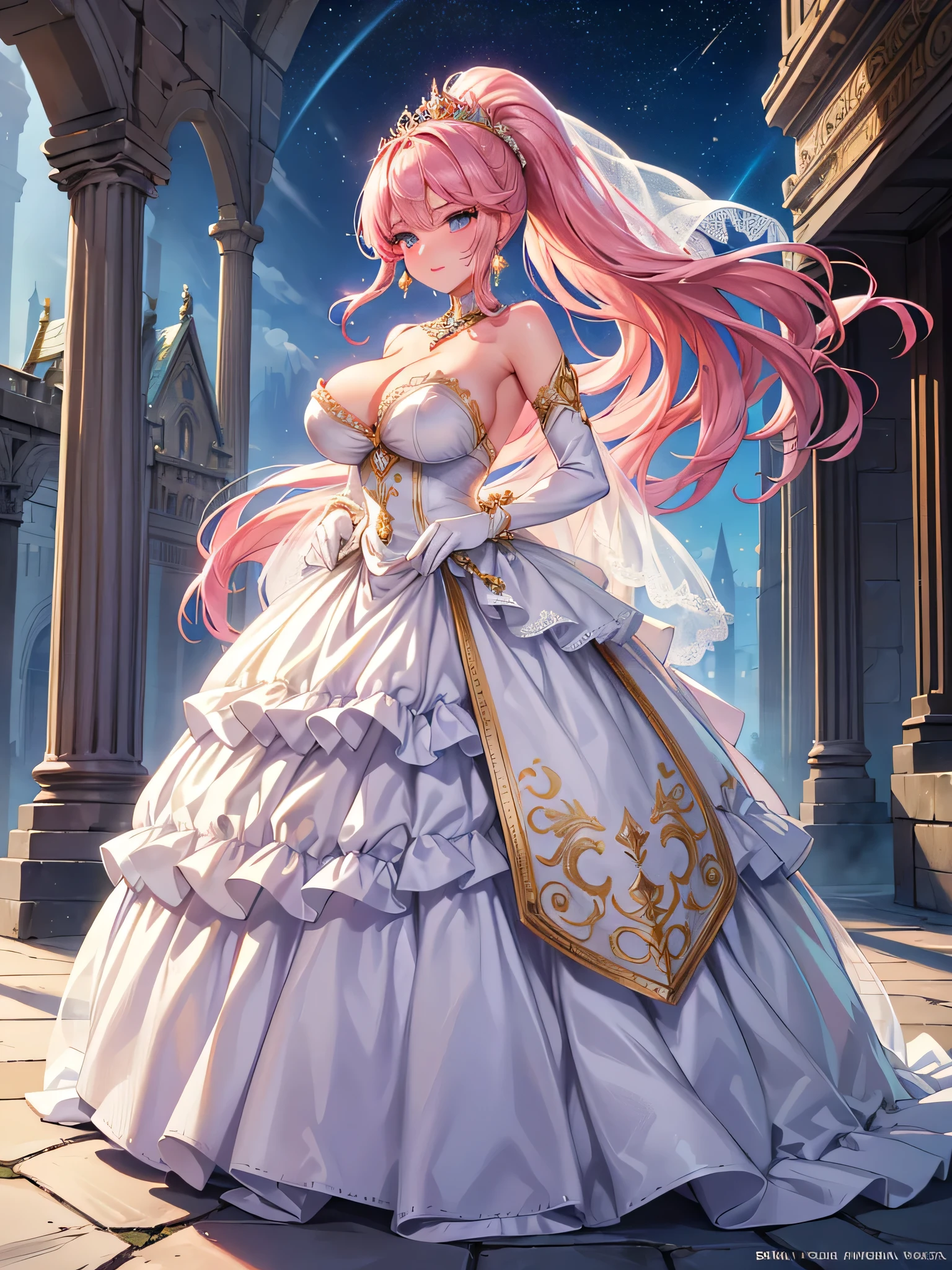 Super detailed ,best quality ,very aesthetic ,full body ,Stand with dignity ,A young-looking princess ,Beautiful eyes like jewels ,Embarrassed look ,A seductive face ,Beautiful Lips ,(Hair blowing in the wind ,Pink Hair ,Fluffy ponytail ,Curly Hair ,Expressive hair ,very voluminous hair) ,A silver tiara with glittering ornaments and sparkling jewels ,Crystal earrings with glittering gold embellishments ,A very luxurious jeweled hair ornament ,White silk veil ,(Voluminous full-length hoop skirt with gorgeous ruffles ,((crinoline)) ,A gorgeous princess ball gown dress with beautiful embroidery and jewels. ,Voluminous full-length pleated skirt), Silk gloves ,Open chest ,Textured skin ,Sweat on the skin ,Emphasized cleavage ,Huge boobs ,Big Breasts ,Nipples ,The tip of the index finger of the right hand is placed on the lips ,(Shining Light ,Fantasy ,fantasy city ,Ruins with white stone pillars ,Outside the castle),
