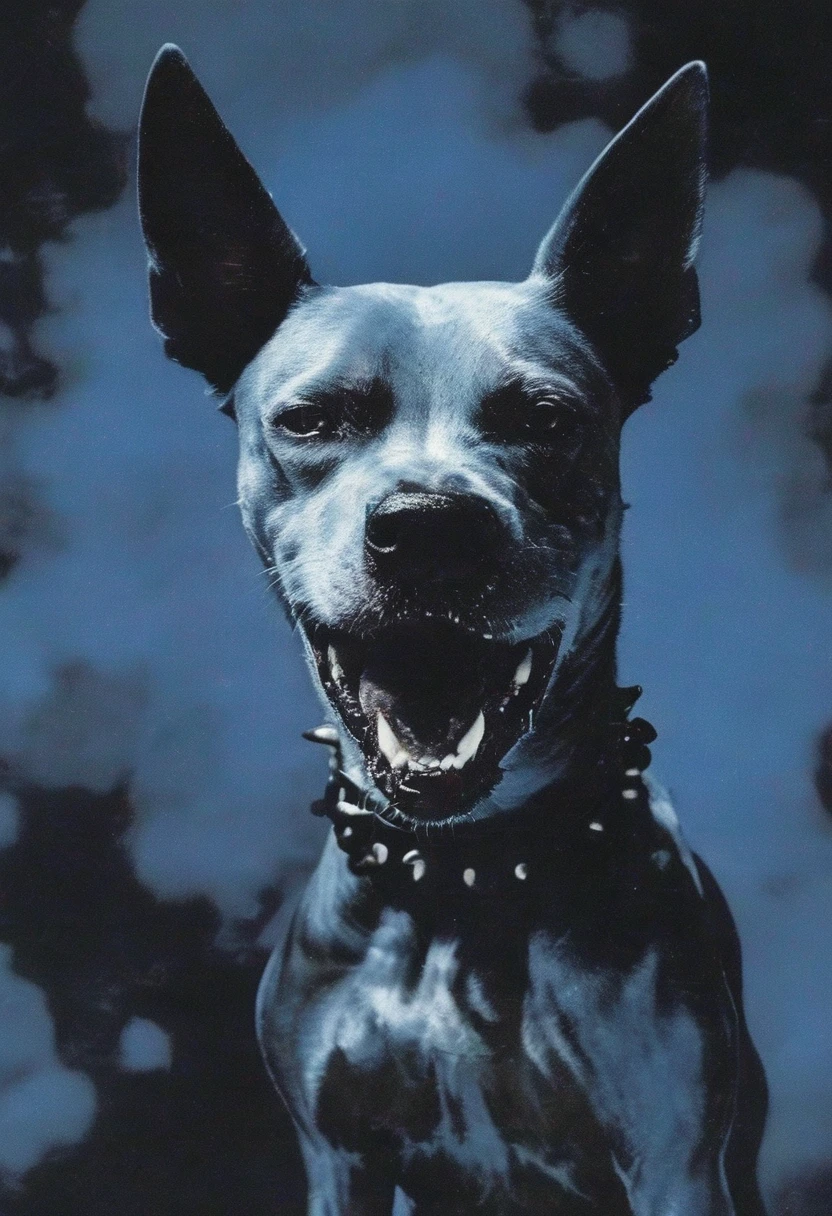 angry surreal dog, blue background