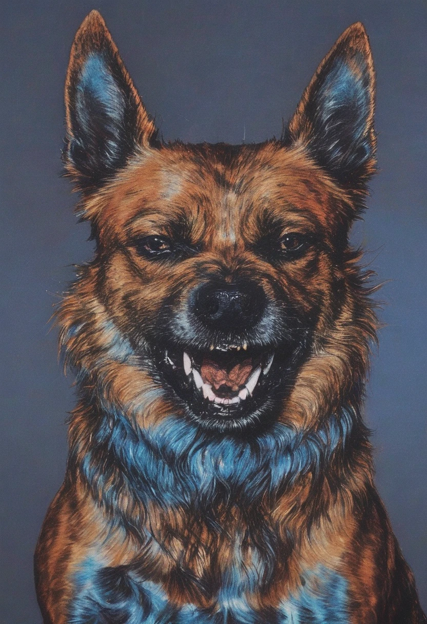 angry surreal dog, blue background