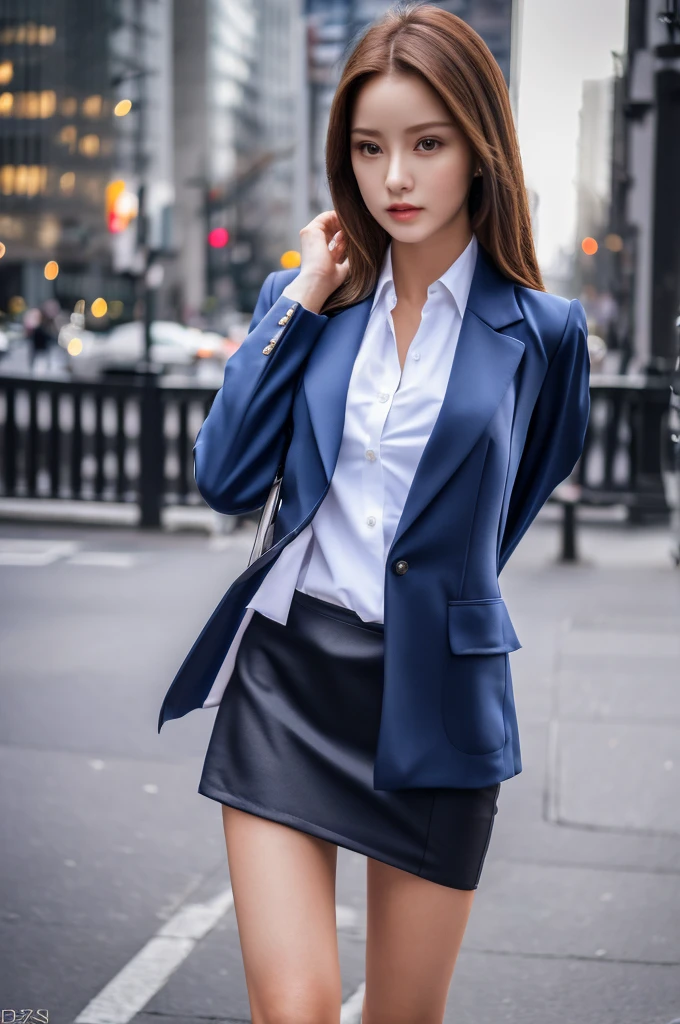 the most beautiful face of a 20 year old actress, perfect proportions of female body, blazer is worn on shirt, female crotch between bare legs, panties are seeable thanks to skirt is too short, in the city, standing, nsfw, best quality, highly detailed, masterpiece, ultra high res, photo realistic, 8k