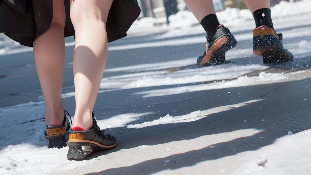 Back view of a couple walking down the street　Walking hand in hand　A shadow stretches out at my feet　There is snow all around, Surrealism, Surrealism, UHD, retina, masterpiece, accurate, textured skin, anatomically correct, super detail, high details, high quality, highres, best quality, award winning, UHD, retina, masterpiece, accurate, textured skin, anatomically correct, super detail, high details, high quality, highres, best quality, award winning