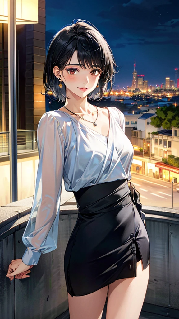 (masterpiece:1.3, Highest quality, Ultra-high resolution, Super detailed), (Realistic, photoRealistic:1.4), Beautiful illustrations, Perfect lighting, colorful, Depth of written boundary,
Beautiful detailed hair, Beautifully detailed face, Beautiful fine details, Beautiful clavicle, Beautiful body, 美しいLarge Breasts, Beautiful thighs, Beautiful feet, Beautiful fingers,
View Viewer、Front view:0.6, Beauty1人, Japanese, Beauty、30 years old, Perfect Face, (Perfect Anatomy, Anatomically correct), Cute and symmetrical face, Baby Face, , Shiny skin,
((Sheer blouse:1.4)), ((Wrap Around Skirt:1.5))、
(Black Hair, Medium、Super Short Hair:1.4), Dark brown eyes, (Large Breasts), Slim body,
necklace, (Small earrings:1.3),
(Beautiful views), (night), (city, cityscape in the distance), Are standing, A soft smile、(Smile, Lips parted),