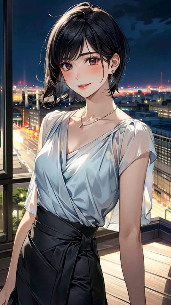 (masterpiece:1.3, Highest quality, Ultra-high resolution, Super detailed), (Realistic, photoRealistic:1.4), Beautiful illustrations, Perfect lighting, colorful, Depth of written boundary, 
Beautiful detailed hair, Beautifully detailed face, Beautiful fine details, Beautiful clavicle, Beautiful body, 美しいLarge Breasts, Beautiful thighs, Beautiful feet, Beautiful fingers, 
View Viewer、Front view:0.6, Beauty1人, Japanese, Beauty、30 years old, Perfect Face, (Perfect Anatomy, Anatomically correct), Cute and symmetrical face, Baby Face, , Shiny skin, 
((Sheer blouse:1.4)), ((Wrap Around Skirt:1.5))、
(Black Hair, Medium、Super Short Hair:1.4),  Dark brown eyes, (Large Breasts), Slim body, 
necklace, (Small earrings:1.3), 
(Beautiful views), (night), (city, cityscape in the distance), Are standing, A soft smile、(Smile, Lips parted), 