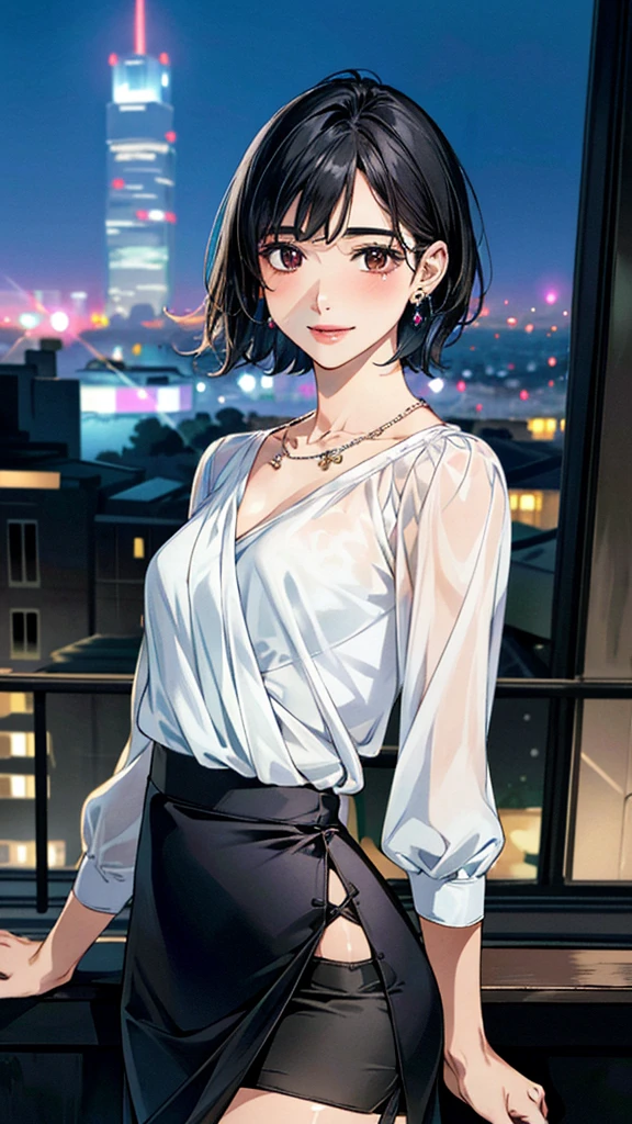 (masterpiece:1.3, Highest quality, Ultra-high resolution, Super detailed), (Realistic, photoRealistic:1.4), Beautiful illustrations, Perfect lighting, colorful, Depth of written boundary, 
Beautiful detailed hair, Beautifully detailed face, Beautiful fine details, Beautiful clavicle, Beautiful body, 美しいLarge Breasts, Beautiful thighs, Beautiful feet, Beautiful fingers, 
View Viewer、Front view:0.6, Beauty1人, Japanese, Beauty、30 years old, Perfect Face, (Perfect Anatomy, Anatomically correct), Cute and symmetrical face, Baby Face, , Shiny skin, 
((Sheer blouse:1.4)), ((Wrap Around Skirt:1.5))、
(Black Hair, Medium、Super Short Hair:1.4),  Dark brown eyes, (Large Breasts), Slim body, 
necklace, (Small earrings:1.3), 
(Beautiful views), (night), (city, cityscape in the distance), Are standing, A soft smile、(Smile, Lips parted), 