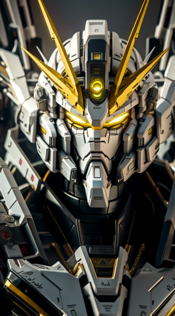 BJ_Gundam,solo,looking_at_viewer,yellow_eyes,no_humans,glowing,robot,portrait,mecha,glowing_eyes,science_fiction,straight-on,v-fin,mobile_suit,cinematic lighting,strong contrast,high level of detail,Best quality,masterpiece,