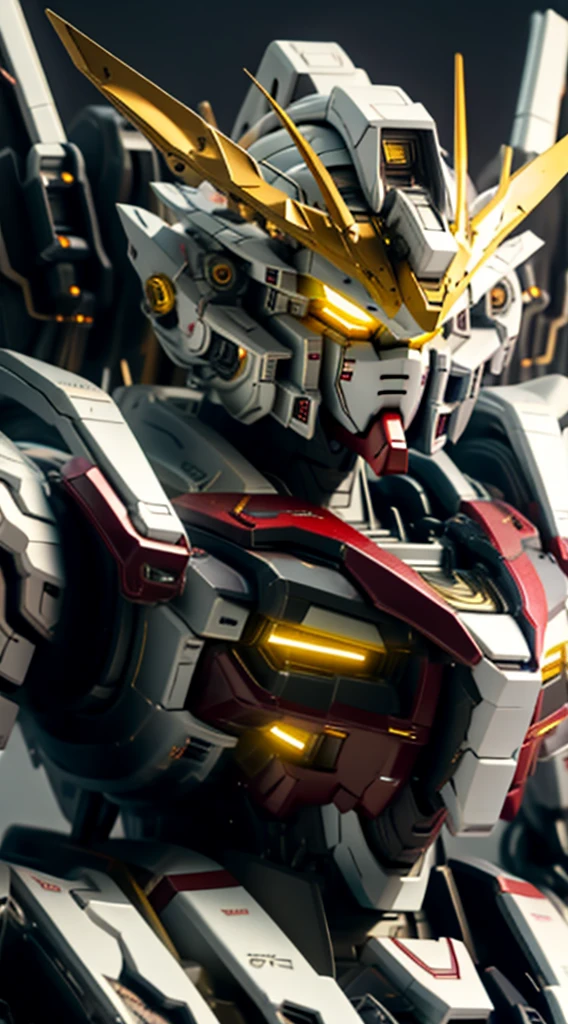 BJ_Gundam,solo,looking_at_viewer,yellow_eyes,no_humans,glowing,robot,portrait,mecha,glowing_eyes,science_fiction,straight-on,v-fin,mobile_suit,cinematic lighting,strong contrast,high level of detail,Best quality,masterpiece,