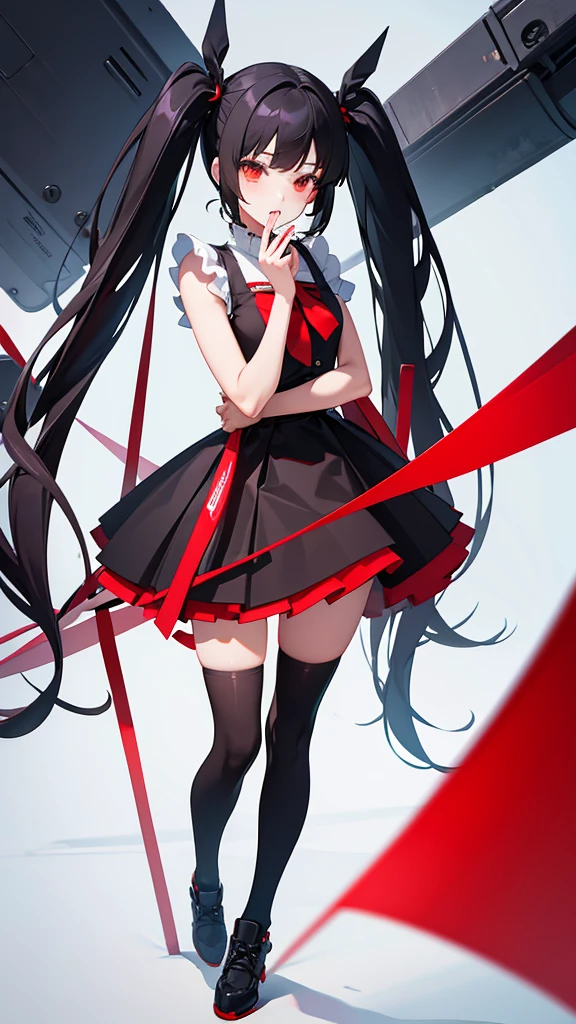 Rory Mercury, Rory Mercury, Black Hair, Blunt bangs, Hime cut, hair ornaments, Red lipstick, Long Hair, Cute face, compensate, (Small box:1.2), (Red eyes:1.5), break Gothic underwear, Perfect body (Small breasts:1.3), break in full growth, Red Shoes, break Black Stockings, Black Gloves break, Black thighs, Garter Straps, gloves, Gothic, Hair Ribbon, Gothicファッション, puffy Short sleeve, Puffy sleeves, Short sleeve, tights, tights, looks at the viewer, break (masterpiece:1.2), Highest quality, High resolution, unity 8k wallpaper, (Illustration:0.8), (Beautiful details in the eyes:1.6), Highly detailed face, Perfect lighting, Highly detailed CGI, (Perfect Arms, Perfect ???????), (white background:1.5), I have nothing in my hands, 1girl, whole body, Confused eyes