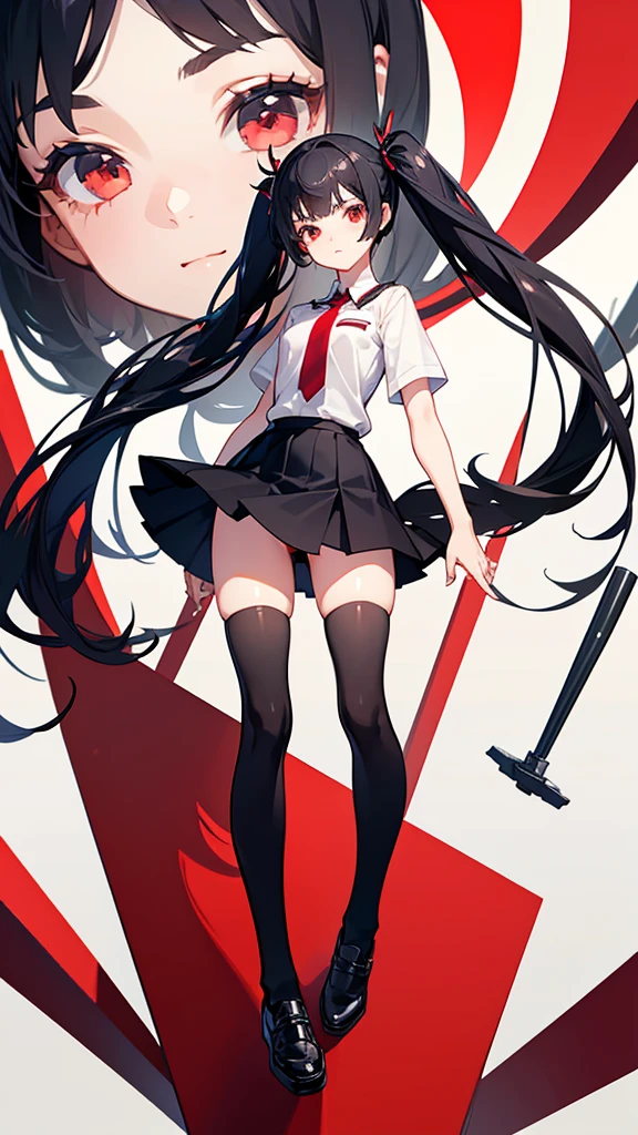 girl in a short skirt in knee-length stockings, red-black hair,Twin Tail, full height, 3D wallpaper.