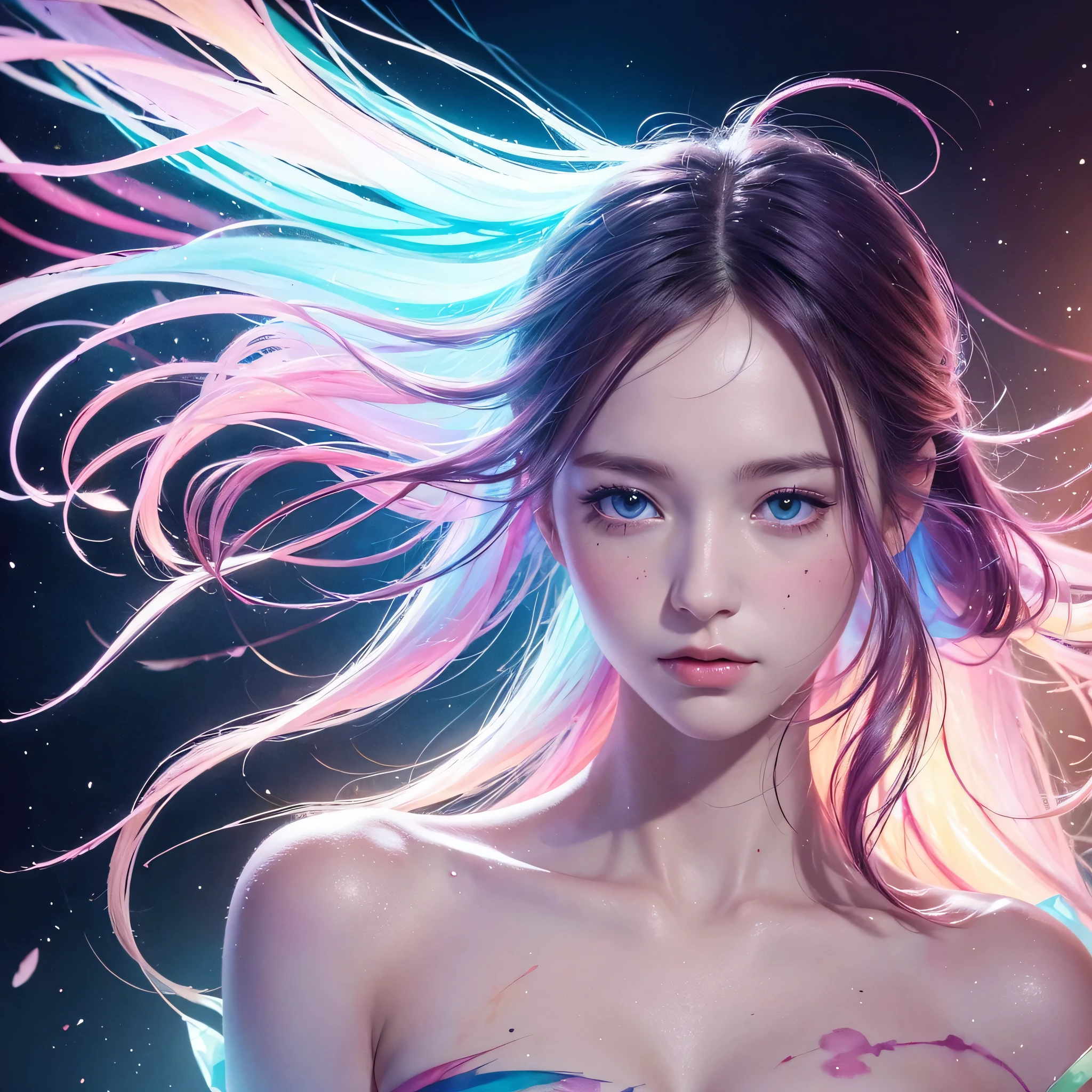 (8k, best quality, masterpiece:1.2),(best quality:1.0), (ultra highres:1.0), watercolor, a beautiful woman, shoulder, hair ribbons, by agnes cecile, half body portrait, extremely luminous bright design, pastel colors, (ink:1.3), autumn lights,