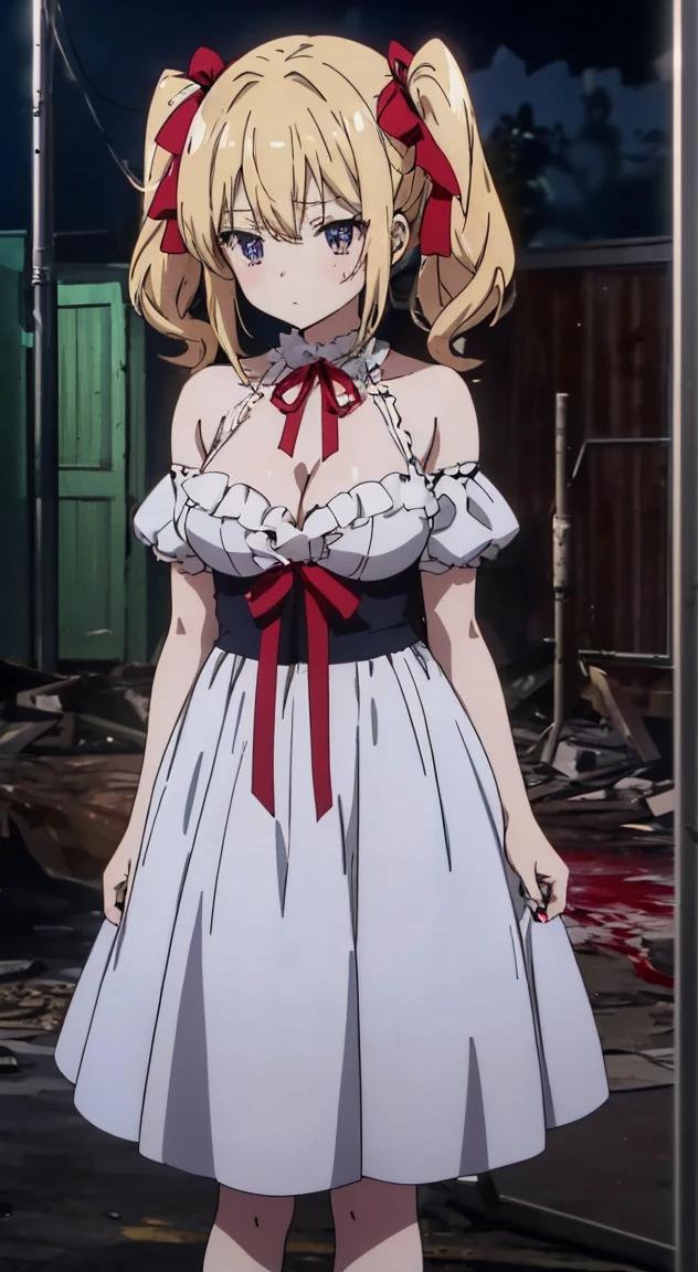 masterpiece, highest quality, (anime screencap:1.3),(shape), cute,(simple:1), (anime:1.2),Solo Sharp Focus, 1 girl, cleavage,looking at the viewer, Japan,nighttime,gold hair,((mini skirt)),Are standing, twin tails,summer ,((White Gothic Costume)),red ribbon,dark gothic,abandoned house,ta fashion,gothic bonnet,hair ribbon,cowboy shot,in the nighttime,rainy sky,,(Ruins house1.1),(Abandoned house1.1),large breasts,dark,cloudy,heavy rain,(Holding a bloody knife),(bathe in blood),