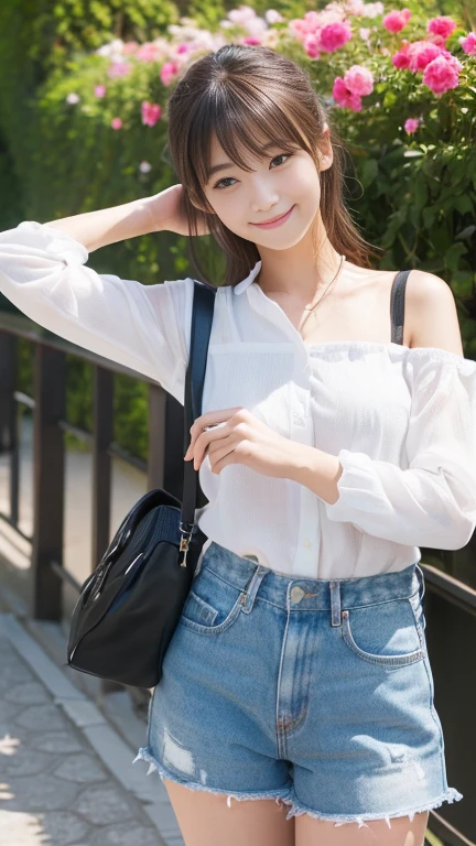 ((SFW: 1.4)), (girl)), Ultra-high resolution, (Realistic: 1.4), RAW Photos, Highest quality, (PhotoRealistic Stick), concentrated, Soft Light, ((15 years old)), ((Japanese)), (( (Young Face))), (surface), (Written boundary depth), masterpiece, (Realistic), woman, bangs, ((1 girl))、(((Model-like style、Thighs、shin)))、Handbagr.々Fashion))))、(((Find someone you like and smile)))、(((The background is Italian tourist destinations)))