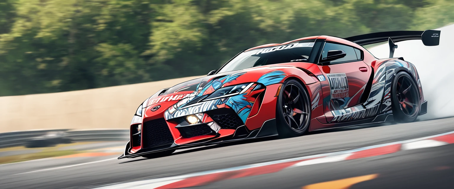 Two sports cars、race、Dead Heat、TOYOTA SUPRA & nissan GTR、((The hood has an anime girl printed on it))、((Car wrapping))、drift、battle、Dead Heat、Passage、Winding Road、Speed