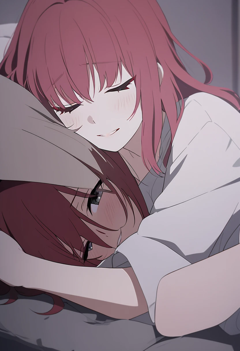young woman, 21 years old, lying in bed, gray sad tones, the pain of parting, Red hair, only in branded underwear, her friend hugs her, girlfriend smiling, eyes closed, strokes the cheeks.