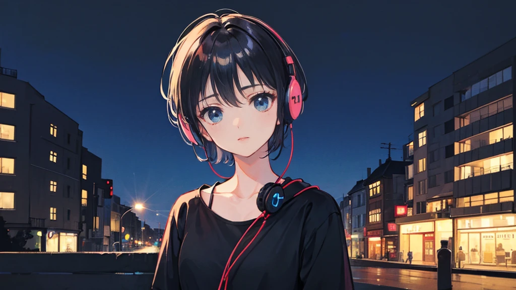 Black short Hair, Black Clothing, One Adult Woman Looking Sideways ,Blue headphones、 City of night, Delicate background、Masterpiece、Night Town、night、dark、Nostalgic