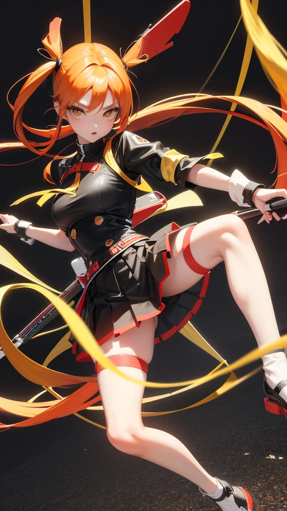 girl in a short skirt in knee-length stockings, red-yellow hair,Twin Tail, full height, 3D wallpaper.