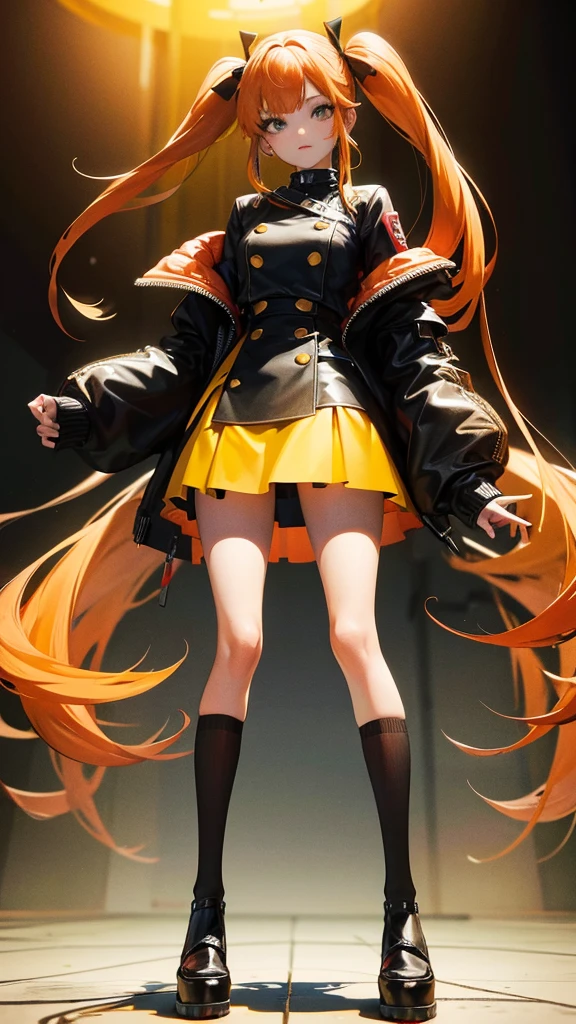 Full body drawing, (masterpiece), (best quality), (hyperdetail), (illustration))), (1 girl: 1.5), (solo: 1.2), (prefect's body), full body drawing, secretary outfit, mini skirt orange, blondehead, White blouse with orange edges