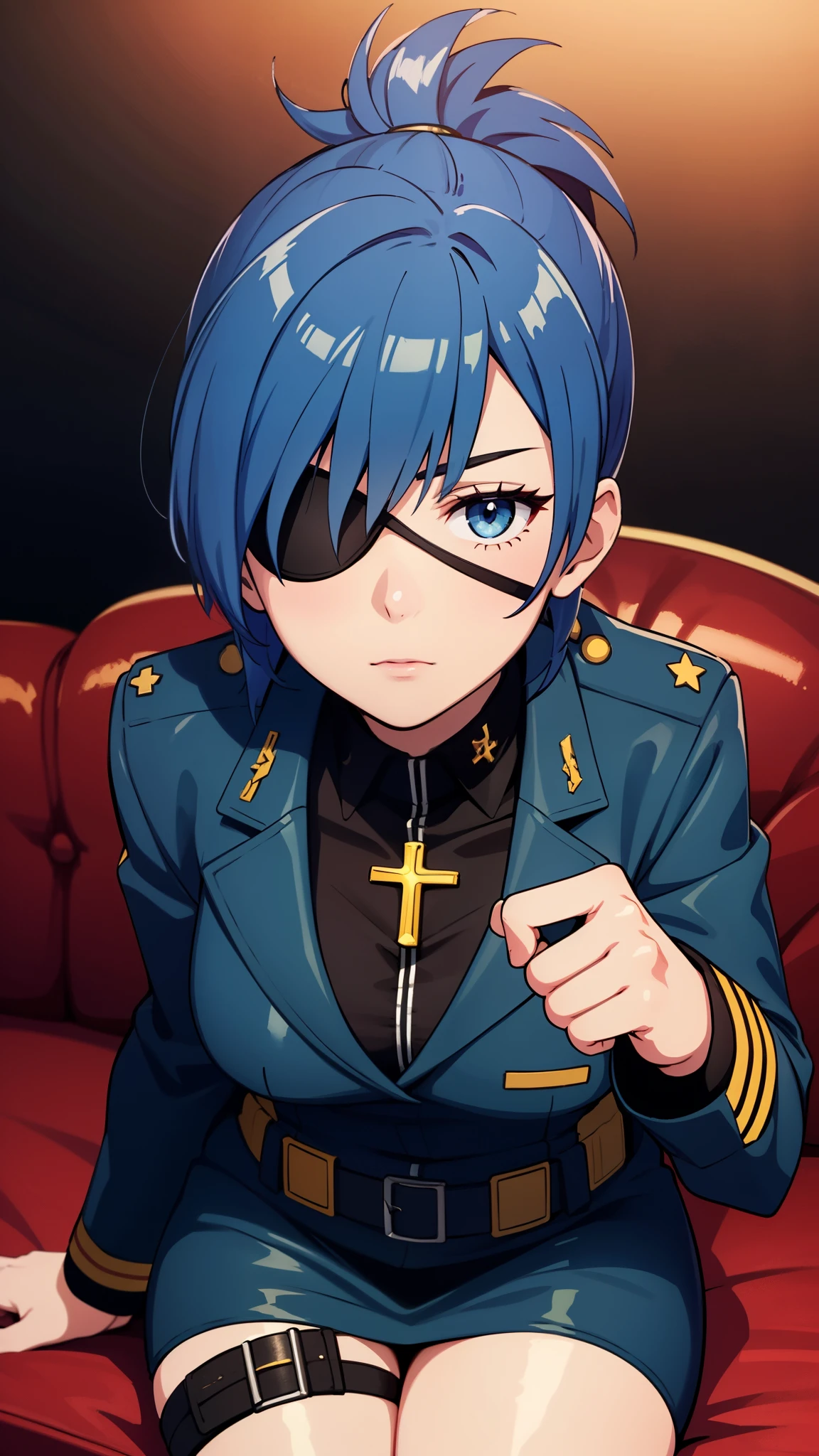 leona heidern, military alter,1girl, eye patch, blue eyes, cap, black uniform, thigh strap,hands above head, blue hair, ponytail, sitting, high cross-legged, cowboy shot, masterpiece, highres,sharp focus,cinematic lighting,detailed face,detailed eye, 