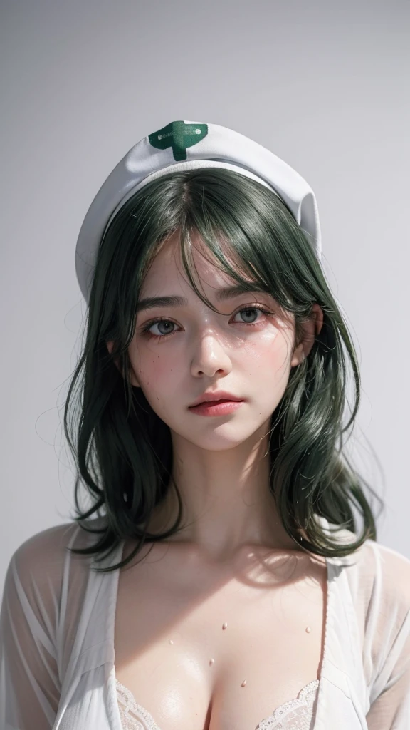 best quality, masterpiece, (lifelike:1.4), 1 17 year old girl, A faint smile, Dark green hair，White nurse uniform，Nipple protrusion，Wet，A lot of sweat，Marks，blushed skin，/Upscale，Height 175cm，Natural beautiful face，slim body，Pure white background，Fair and rosy skin，Messy Curls