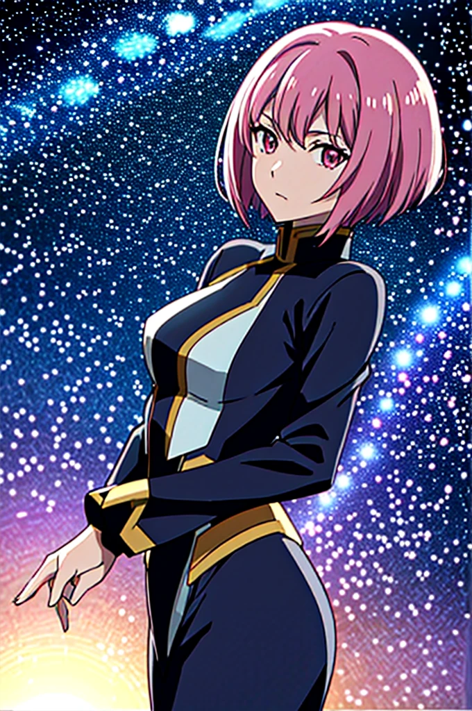 Highest quality, masterpiece, High resolution, alone, （Haman Khan），（機動戦士ZGundam），（Zeon_uniform），（Black‗Mantle），（pink_Hair Color），Gundam，Cybele，（Funnel）、Bob haircut，Bangs‗Hairstyle，Young Girl，Starry Sky_background，Anime Style, Highest quality, 4K, masterpiece,， alone, 1,whole body，looking at the camera, Shinkai Makoto style, Sharp Eyes，（Full Finger）, （Accurate fingertips）, （The finer details）, （Anatomically correct）, (映画のbackground), Hyper Detail, (Subtle details), (Intricate details),