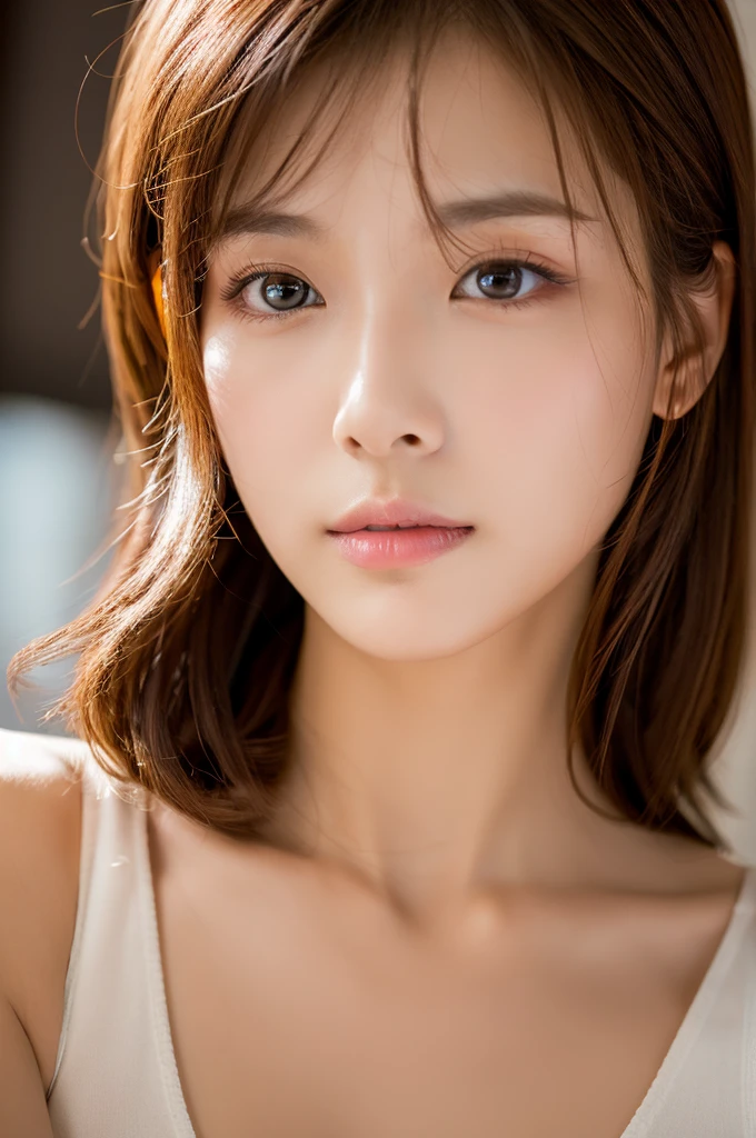 (best quality, 8K, On the table, Ultra HD: 1.3), 1 Girl, Small Breasts, Light brown hair, Bangs, hair behind ear, Shoulder-length hair, Long hair,  slim body, Ultra-detailed face shape, Delicate lips, beautiful eyes, Double eyelids, Lipstick,Your gaze, Ultra-thin pointer, Ultra-thin fingers, Tights,  ,hotel.rest、KPOP idol face，The viewer is the viewer&#39;s gaze、Sculpting Model Poses