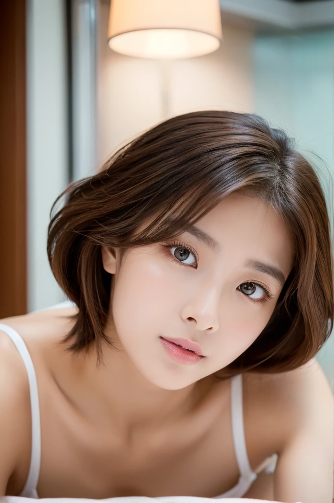 (best quality, 8K, On the table, Ultra HD: 1.3), 1 Girl, Small Breasts, Light brown hair, Bangs, hair behind ear, Shoulder-length hair, Long hair, slim body, Ultra-detailed face shape, Delicate lips, beautiful eyes, Double eyelids, Lipstick,Your gaze, Ultra-thin pointer, Ultra-thin fingers, Tights, ,hotel.rest、KPOP idol face,The viewer is the viewer's gaze、Sculpting Model Poses