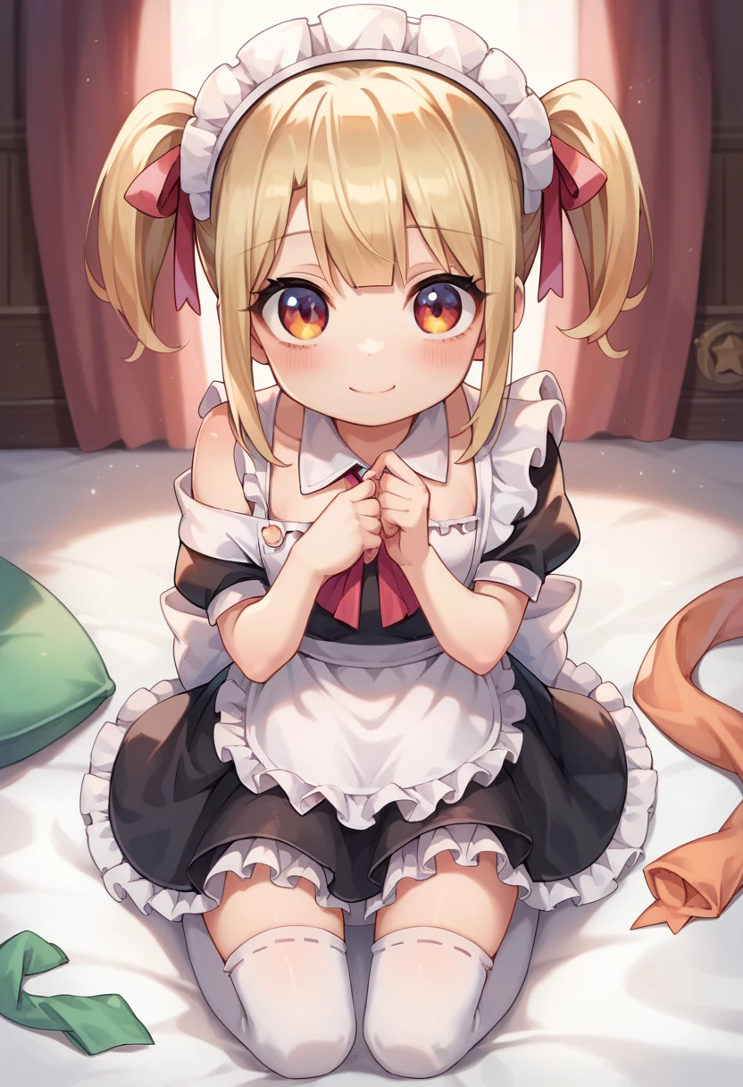 masterpiece1.0, best quality1.0, FHD1.0, female , 
li,cute,cute,cute, cheerful, kneeling, looking at viewer, twintail, blonde,  , hair ribbon, thighhighs, ((((((frilled clothing)))))), ((((((off shoulder)))))), ((((((undone clothing)))))), ((((((mini skirt)))))), ((((((maid)))))), ((((((apron)))))), ((((((absurdres)))))), ((((((kawaii)))))), ((((((cel anime)))))),fullbody