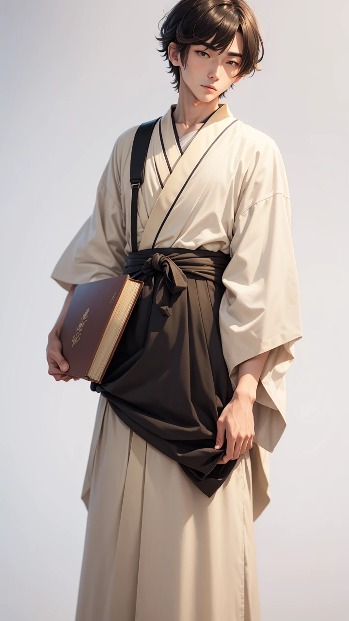 japanes,male people,24 year old,baby-face,Green eyes,Beige hair,loose wavy hair,short-hair,crossed bangs,Komono,Black Hakama,white  clothes,firm shoulders,shoulder width 5 meters,Holding a book in hand