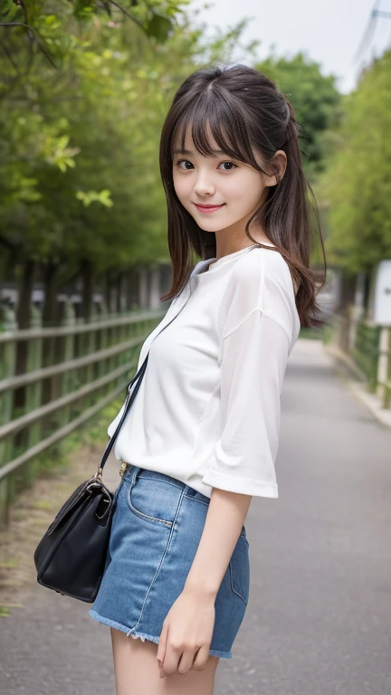 ((SFW: 1.4)), (girl)), Ultra-high resolution, (Realistic: 1.4), RAW Photos, Highest quality, (PhotoRealistic Stick), concentrated, Soft Light, (()), ((Japanese)), (( (Young Face))), (surface), (Written boundary depth), masterpiece, (Realistic), woman, bangs, ((1 girl))、(((Model-like style、Thighs、shin、Full body portrait)))、Handbags))、((((Mr.々Fashion))))、(((Find someone you like and smile)))、(((The background is Italian tourist destinations)))
