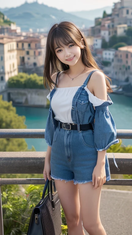 ((SFW: 1.4)), (girl)), Ultra-high resolution, (Realistic: 1.4), RAW Photos, Highest quality, (PhotoRealistic Stick), concentrated, Soft Light, (()), ((Japanese)), (( (Young Face))), (surface), (Written boundary depth), masterpiece, (Realistic), woman, bangs, ((1 girl))、(((Model-like style、Thighs、shin、Full body portrait)))、Handbags))、((((Mr.々Fashion))))、(((Find someone you like and smile)))、(((The background is Italian tourist destinations)))