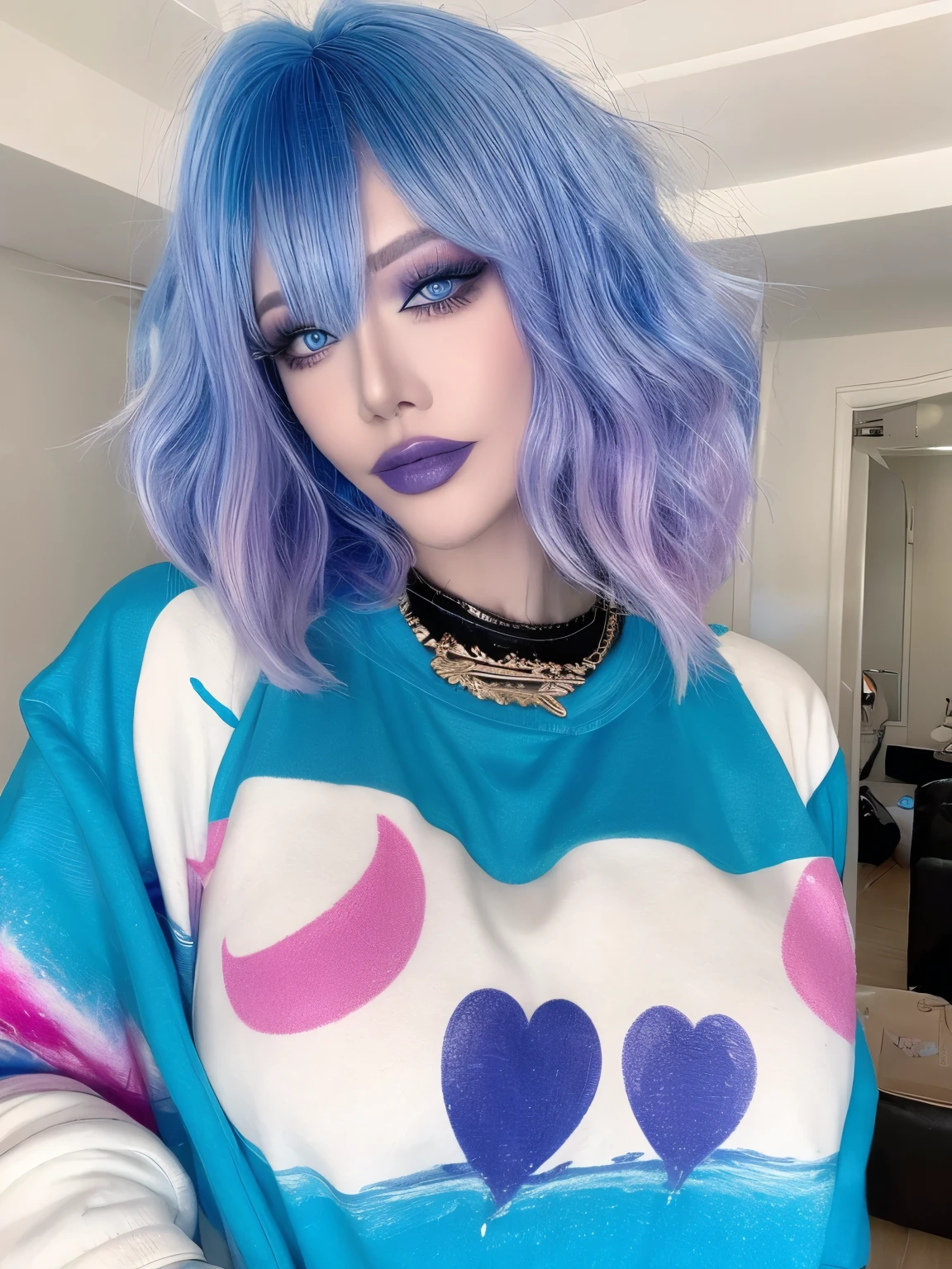 messy hair, blue hair, alternative, rockstar hairstyle, glam rock makeup, smile, blue lipstick, indoors, big breasts, bright colors, vivid colors, bright blue eyes, jewelry, smile, sweatshirt
