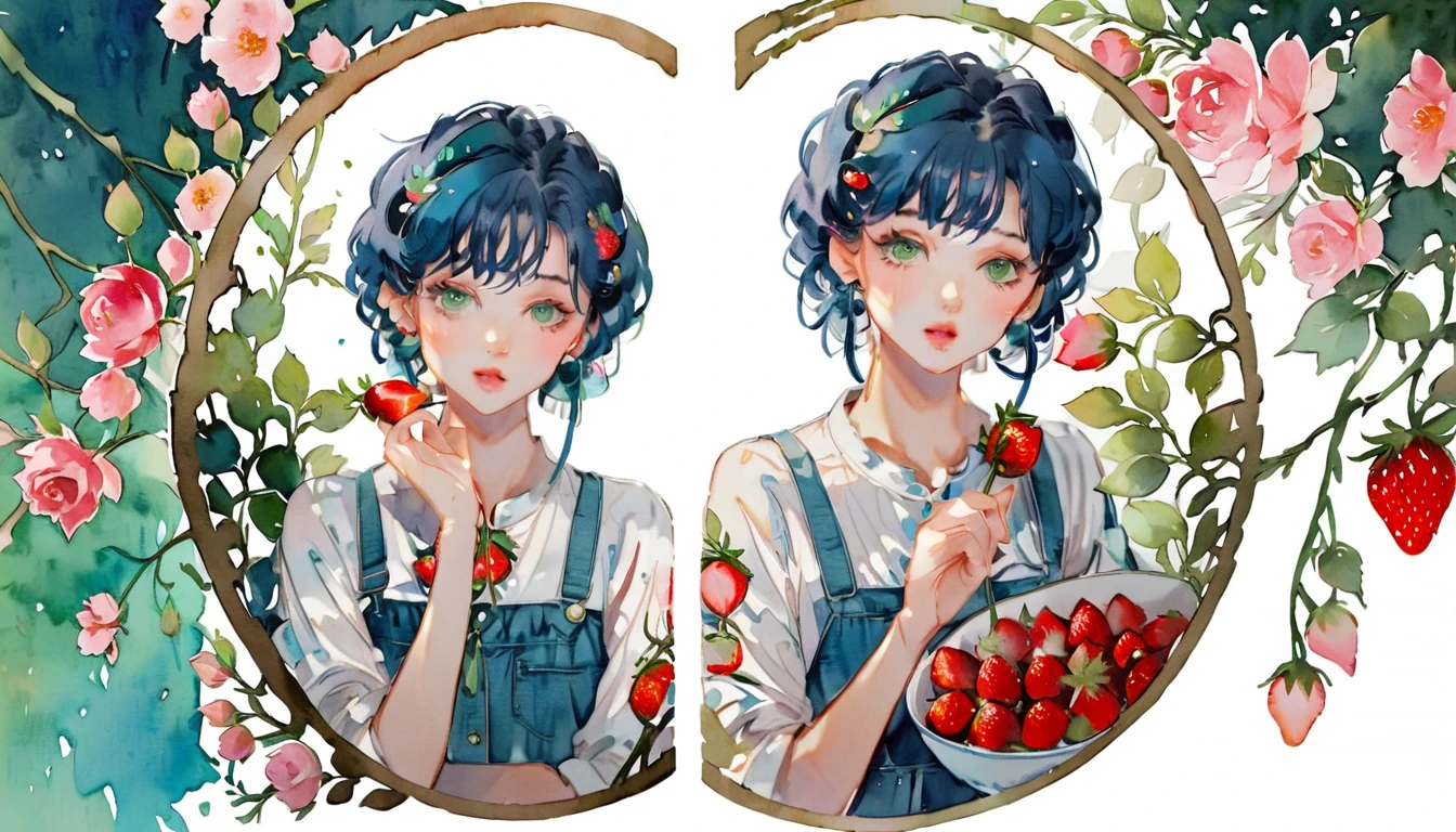 (((paper cutting style))), 1 girl, blue hair, curry short hair, portfolio, shirts, denim, strawberry ,Rose,Green leaves