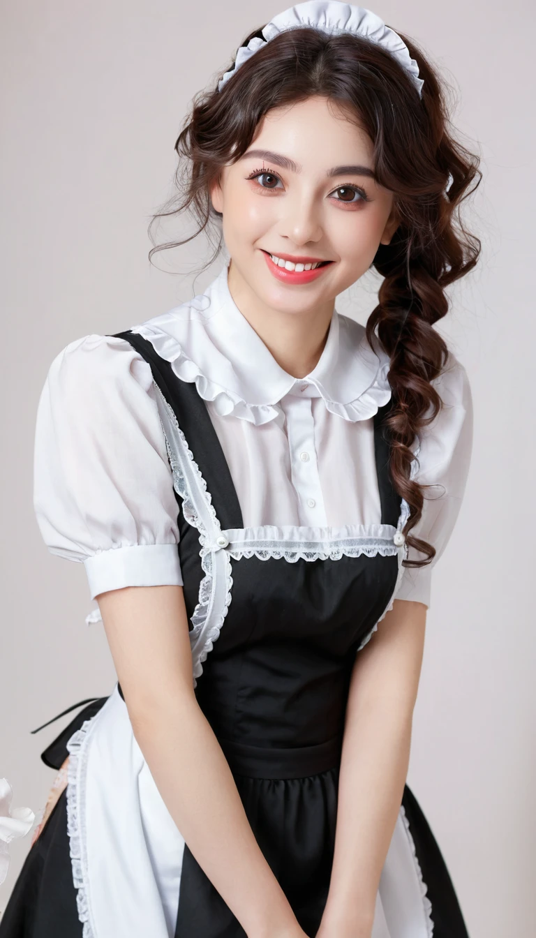((Beautiful maid:1.5),high resolution, Top quality),Dressed as a maid,Soft hands, Big bright eyes, Dark and Vibrant Curls, sweet smile, Red face, Soft Light, Pure white background.