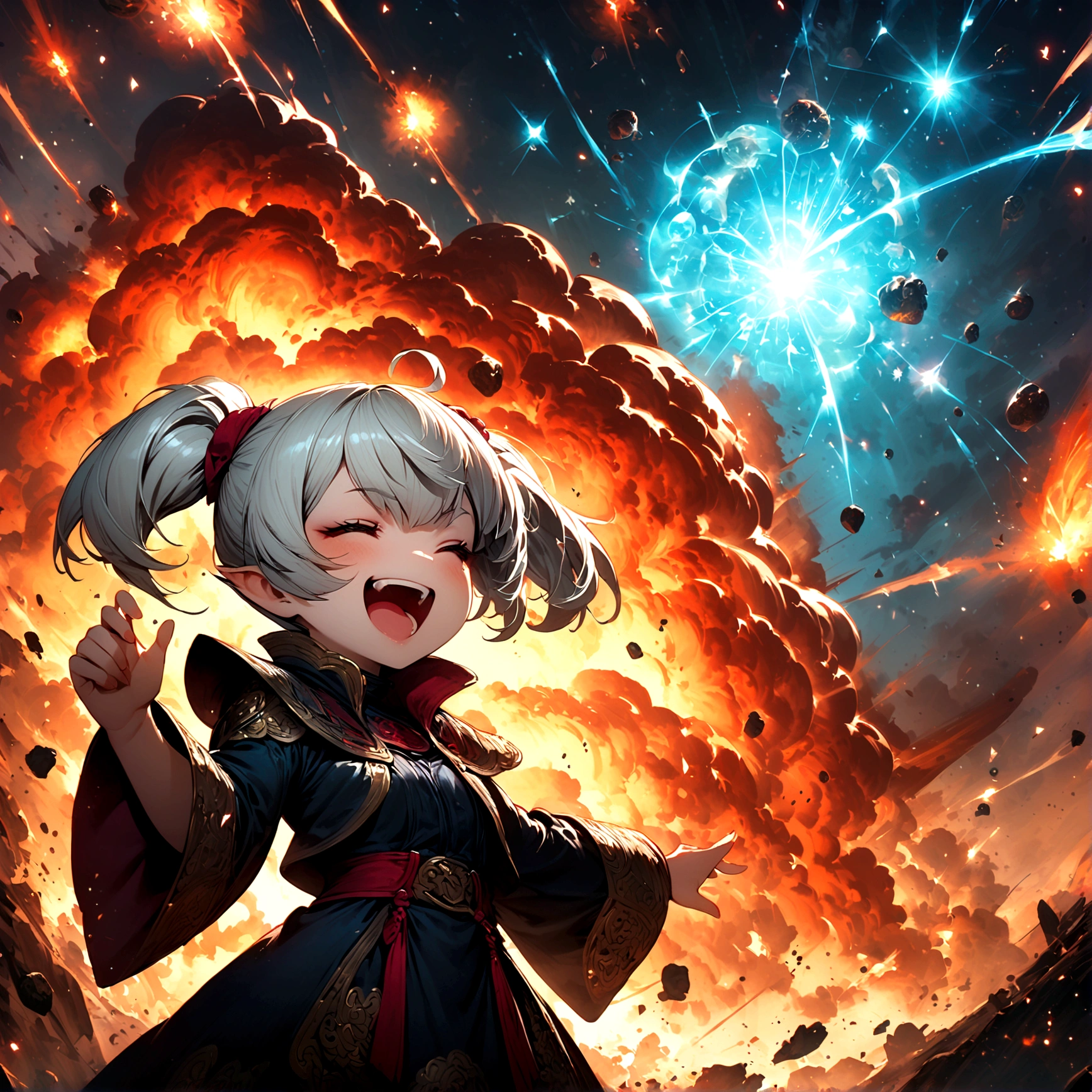 1girl,shantotto,final fantasy,Intricate details,Wide range of colors,artwork,rendering,Little,Laughing out loud,Silver Hair,,Magic Effects,Create artistic backgrounds,Meteor,a meteorite is falling,explosion,Decadent,This girl has a very evil personality.,