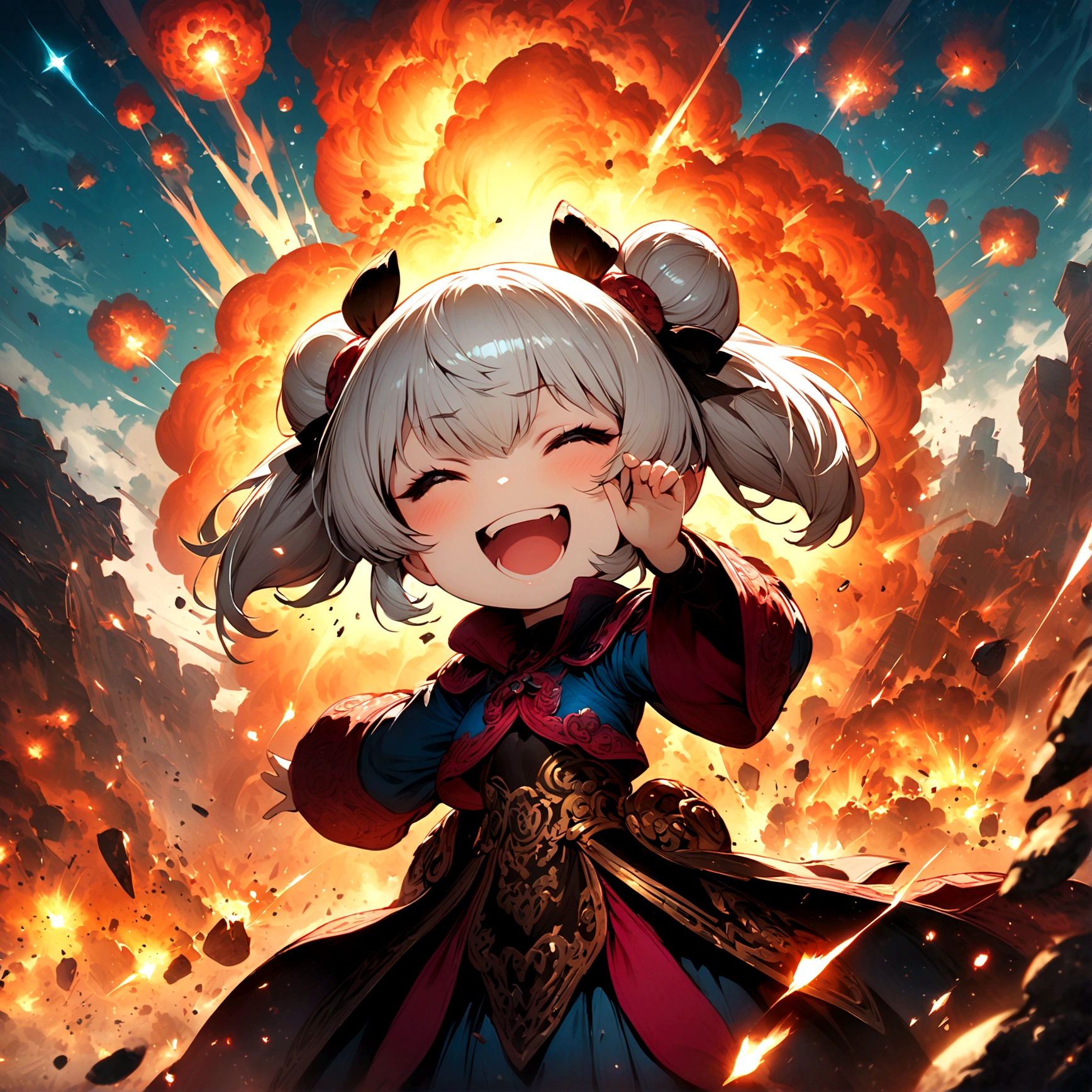 1girl,shantotto,final fantasy,Intricate details,Wide range of colors,artwork,rendering,Little,Laughing out loud,Silver Hair,,Magic Effects,Create artistic backgrounds,Meteor,a meteorite is falling,explosion,Decadent,This girl has a very evil personality.,