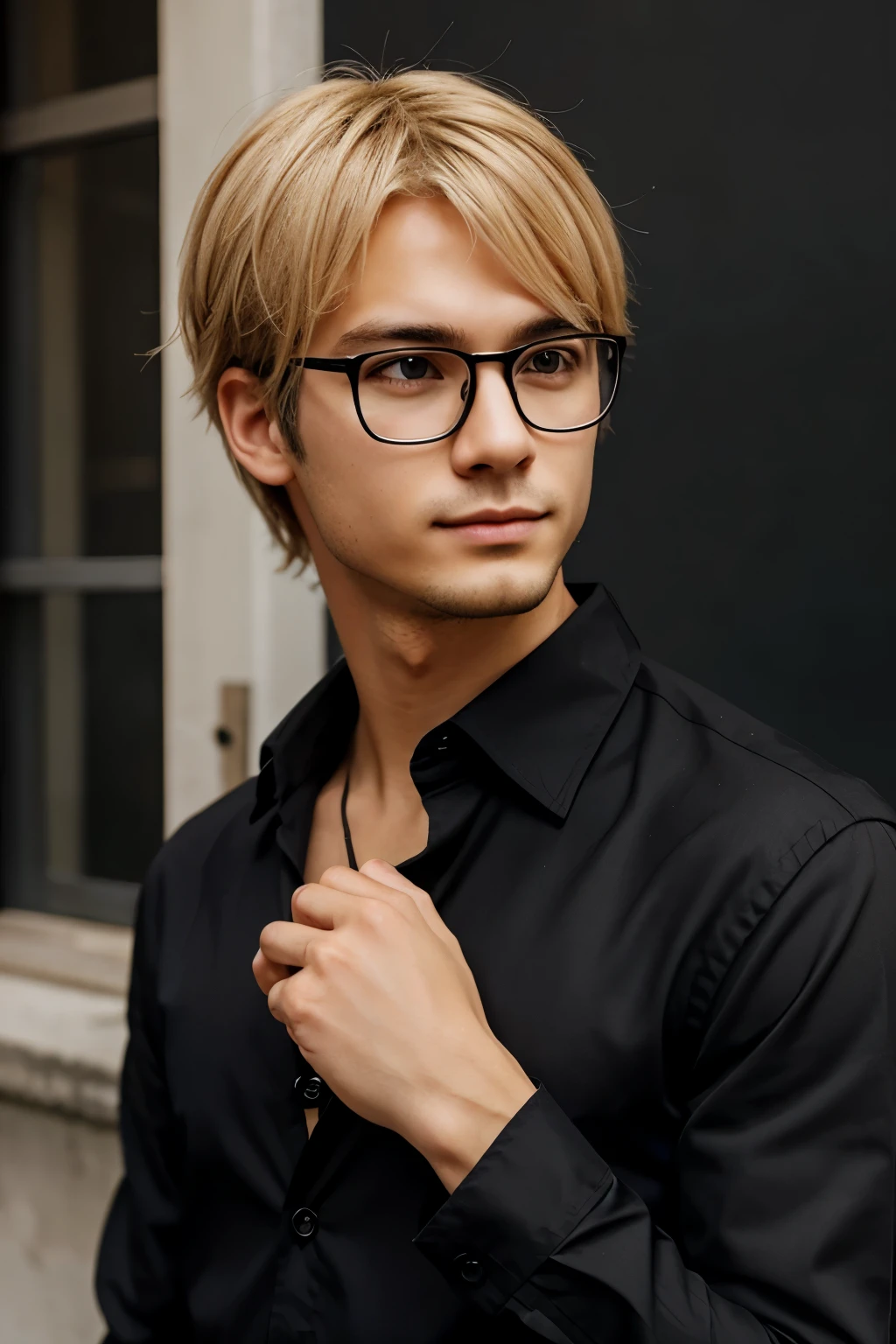 Male, french, glasses blonde hair, wearing a black button up shirt, anime style
