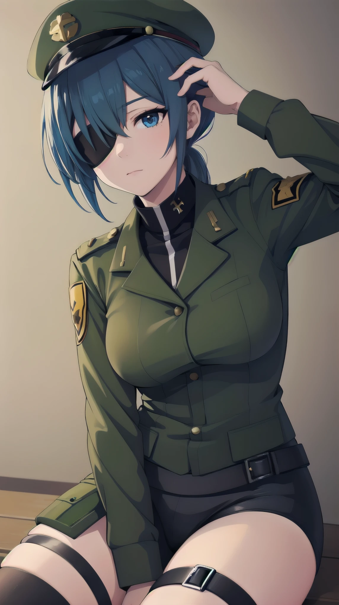 leona heidern, military alter,1girl, eye patch, blue eyes, cap, black uniform, thigh strap,hands above head, blue hair, ponytail, sitting, high cross-legged, cowboy shot, masterpiece, highres,sharp focus,cinematic lighting,detailed face,detailed eye, 