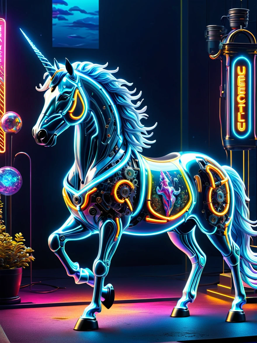 (Mechanical Neon Unicorn:1.5)，mystery生物 , (mystery的霓虹机器), (Mechanobiology)，Glowing neon lights，mystery，phantom，transparent，Bioluminescence，Holy Light，Fluorescence，charm，mystery，Vibrant colors，Detailed description，real，超级real，A spectacular technological fantasy，epic surrealism, Spectacular future fantasy，Vibrant colors，Ultra high saturation，Bright colors, (UHD, masterpiece, accurate, anatomically correct, super detail, 8k)