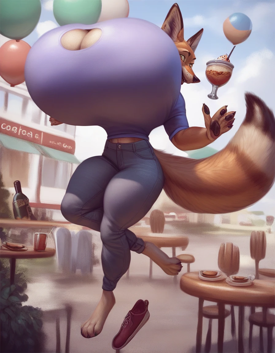 score_9, score_8_up, score_7_up, score_6_up, score_5_up, score_4_up, outdoor cafe, detailed background, coyote, anthro, male, canid, canine, clothed, inflating, floating, tiptoes, hyper breasts, heliumtits, arched back, by borisalien  