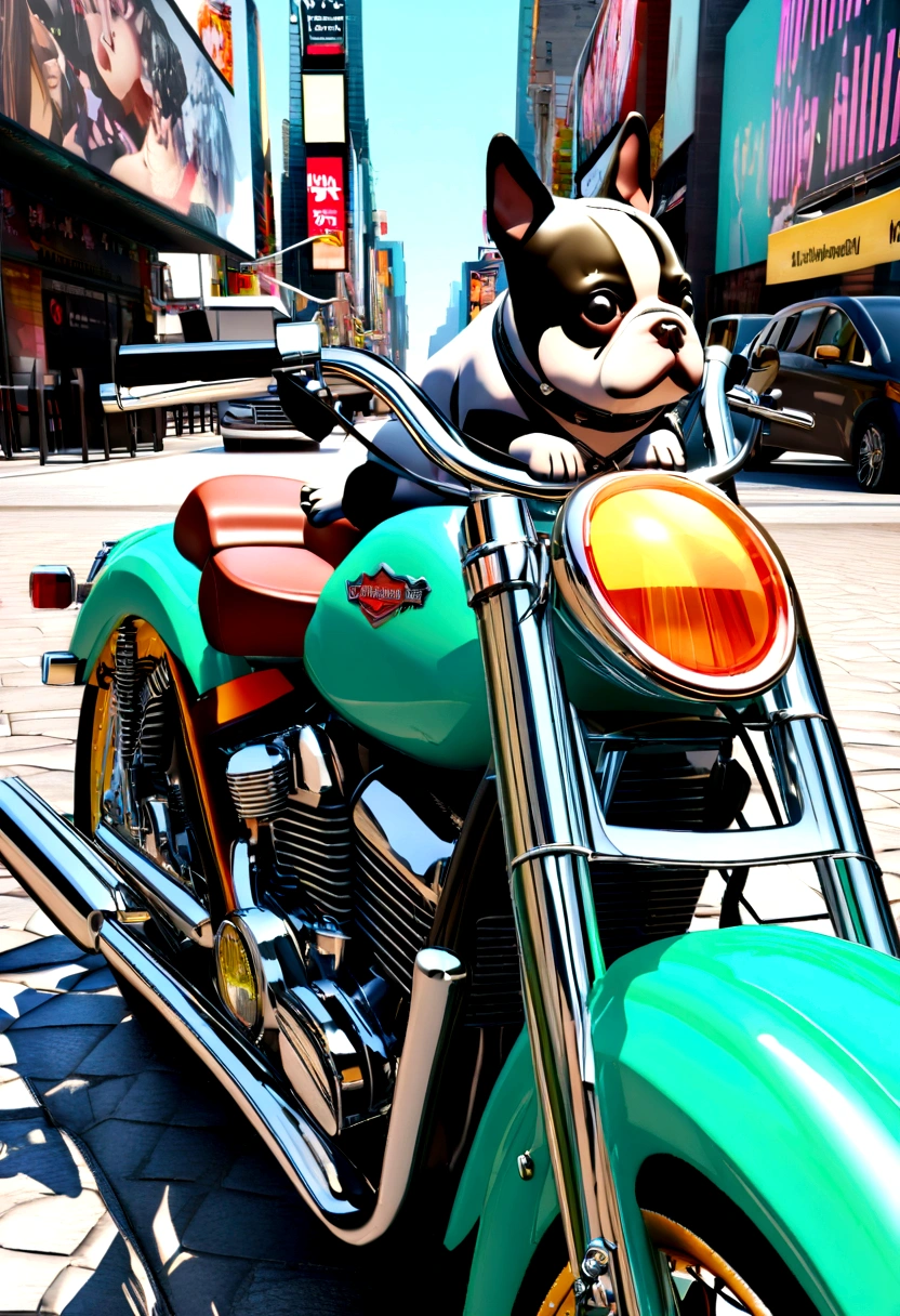 (Highest quality,4K,8k,High resolution,)Times Square at noon、Infinity symbol,3D Model,Colorful colors,Landscape Background、pop、From the central viewer'Perspective、French Bulldog riding a Harley Davidson in street fashion style、Multiple French Bulldog Bike Buddies。Very delicate