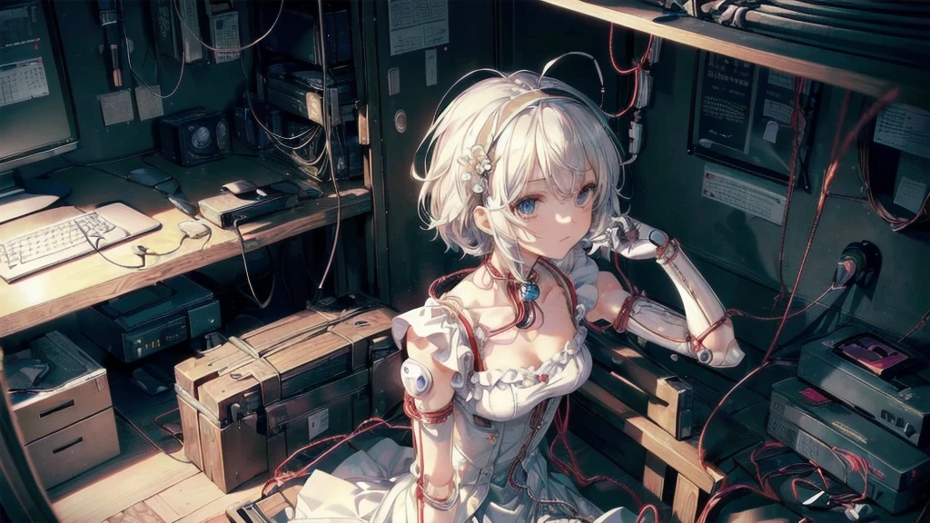 (((masterpiece))), (((Highest quality))), ((Very detailed)), (Highly detailed CG illustrations), ((Very delicate and beautiful)),(Cute and delicate face),Light,((1. Machine Girl)),alone,whole body,(Machine made joints:1.4),((Mechanical Limbs)),(Muscles swell),(The vessel is connected to the tube),(Brain in a container:1.3),((Mechanical vertebrae attached to the back)),((Mechanical cervical spine attached to the neck)),((Sitting)),poker face,(Wires and cables attached to head and body:1.5),Small breasts,short hair,(Character Focus),SF,Lying down,Shortcuts,センター分けのShortcuts,A devastated society,alone,Wearing a headband,Odd Eye