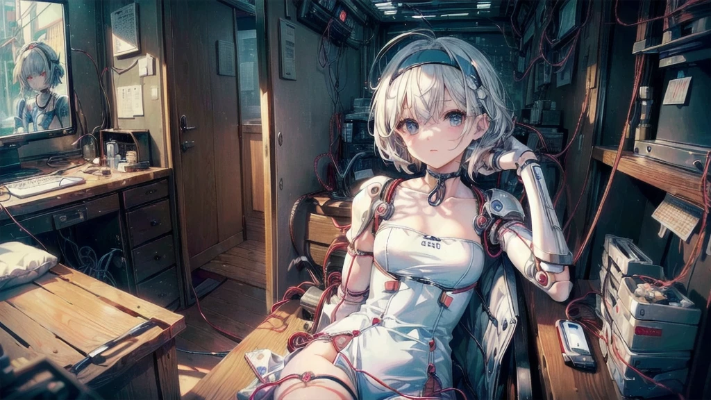 (((masterpiece))), (((Highest quality))), ((Very detailed)), (Highly detailed CG illustrations), ((Very delicate and beautiful)),(Cute and delicate face),Light,((1. Machine Girl)),alone,whole body,(Machine made joints:1.4),((Mechanical Limbs)),(Muscles swell),(The vessel is connected to the tube),(Brain in a container:1.3),((Mechanical vertebrae attached to the back)),((Mechanical cervical spine attached to the neck)),((Sitting)),poker face,(Wires and cables attached to head and body:1.5),Small breasts,short hair,(Character Focus),SF,Lying down,Shortcuts,センター分けのShortcuts,A devastated society,alone,Wearing a headband,Odd Eye