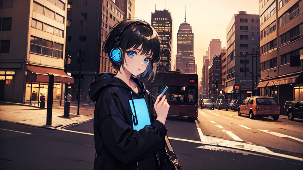 Black short Hair, Black Clothing, One Adult Woman Looking Sideways ,Blue headphones、 City of night, Delicate background、Masterpiece、Night Town、night、dark、Nostalgic
