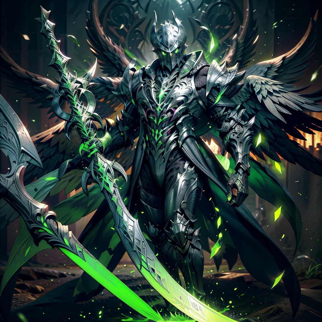 Best quality, highly detailed, dark knight, green aura, fallen angel, black wings, green blade, evoking the presense of a final boss, dark theme, dark souls theme